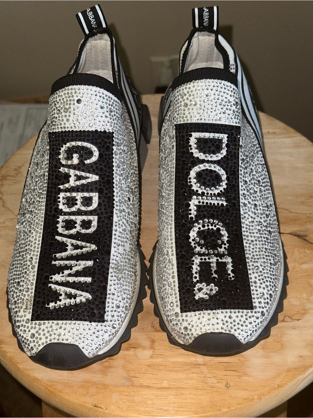 Dolce & Gabbana Crystal-Embellished Slip-Ons in White & Black